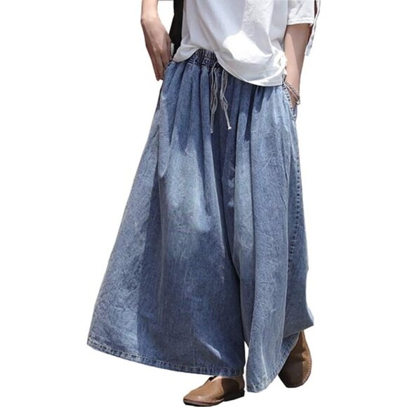 Women’s Wide Leg Denim Pants Cotton Casual Elastic Waist with Pockets